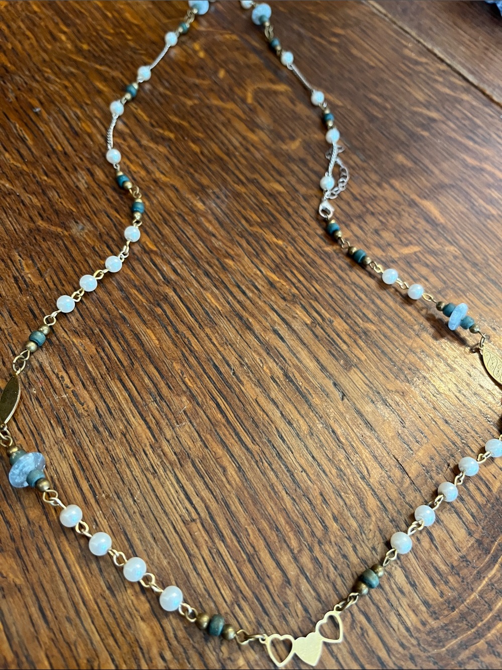 Gold Heart Necklace with Blue and White Beads